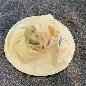 SPF wide brim hat with leather chin strap